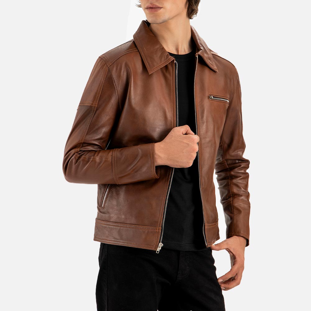 Calabria Brown Leather Biker Jacket right hand hold a jacket