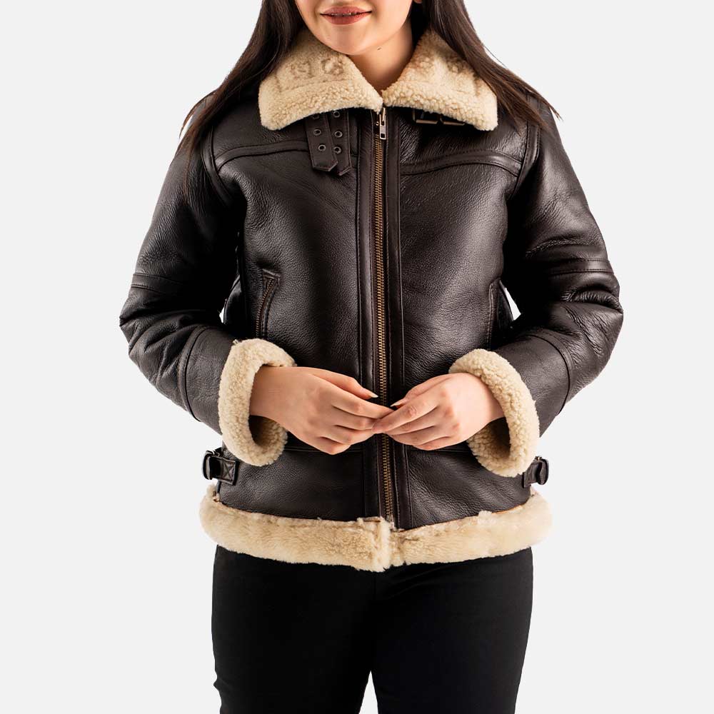 Calda Donna B3 Brown Real Shearling Bomber Jacket  both hand