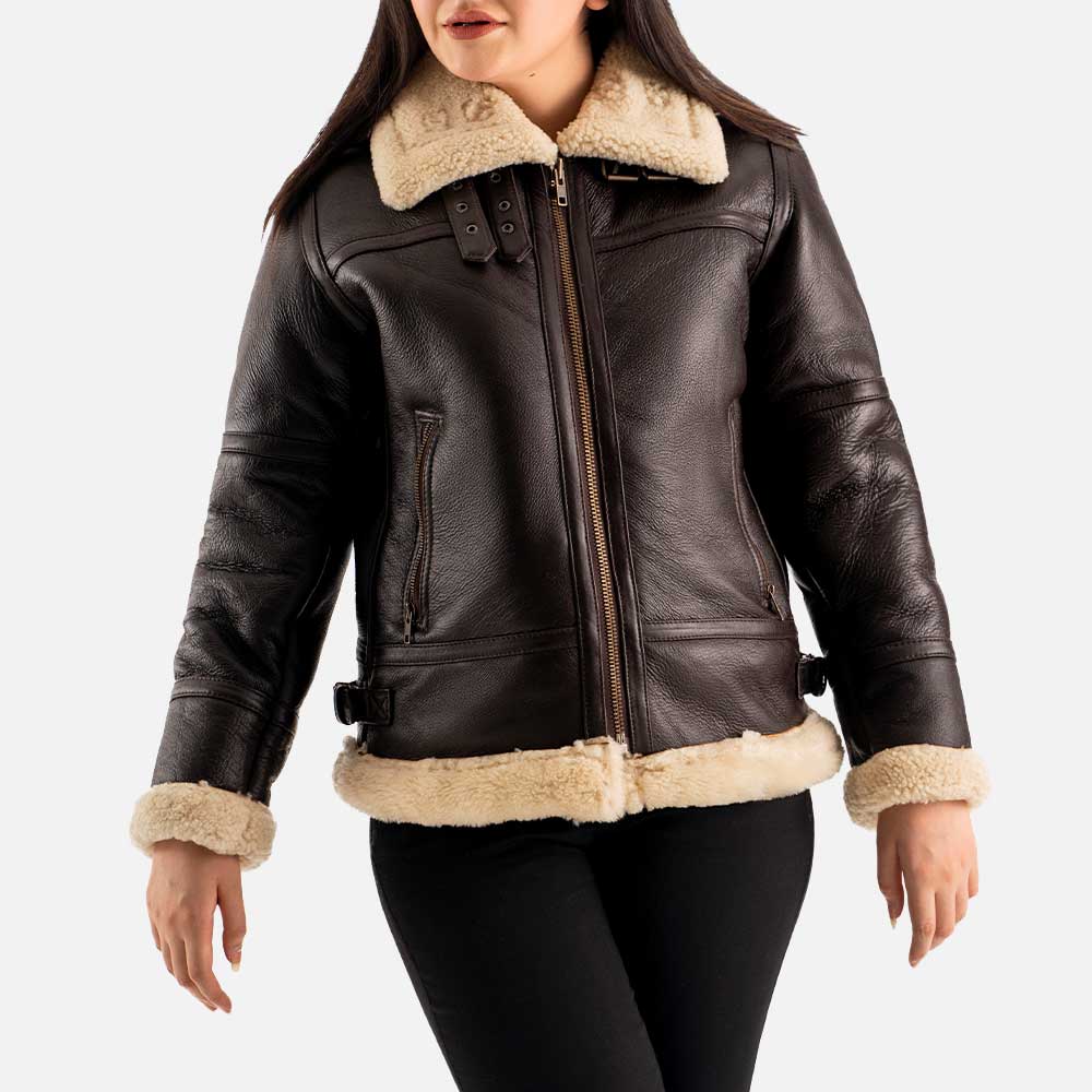 Calda Donna B3 Brown Real Shearling Bomber Jacket  half face