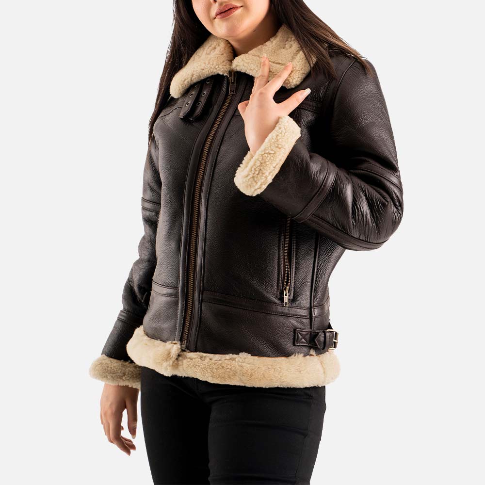 Calda Donna B3 Brown Real Shearling Bomber Jacket left hand