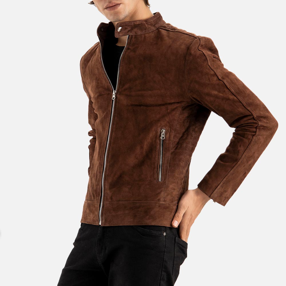 Canazei Suede Bomber Jacket hand in back pocket 