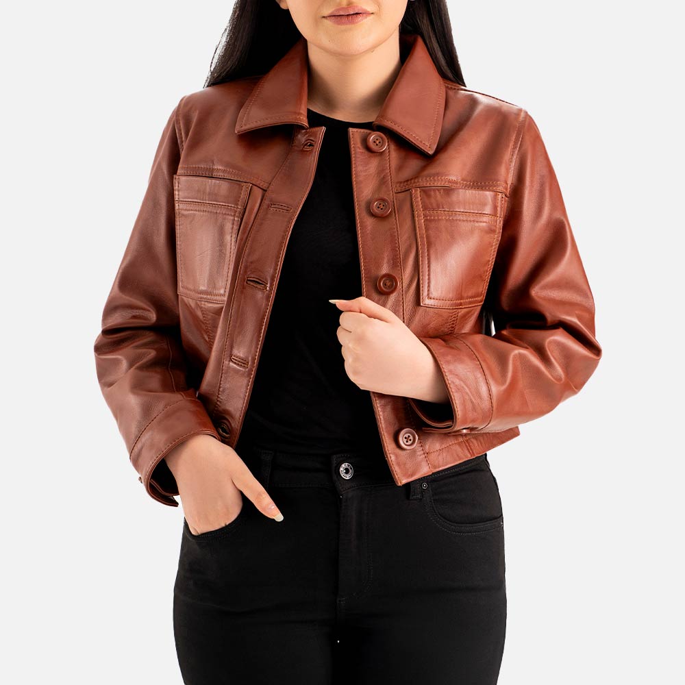 Capri Brown Leather Biker Jacket half open