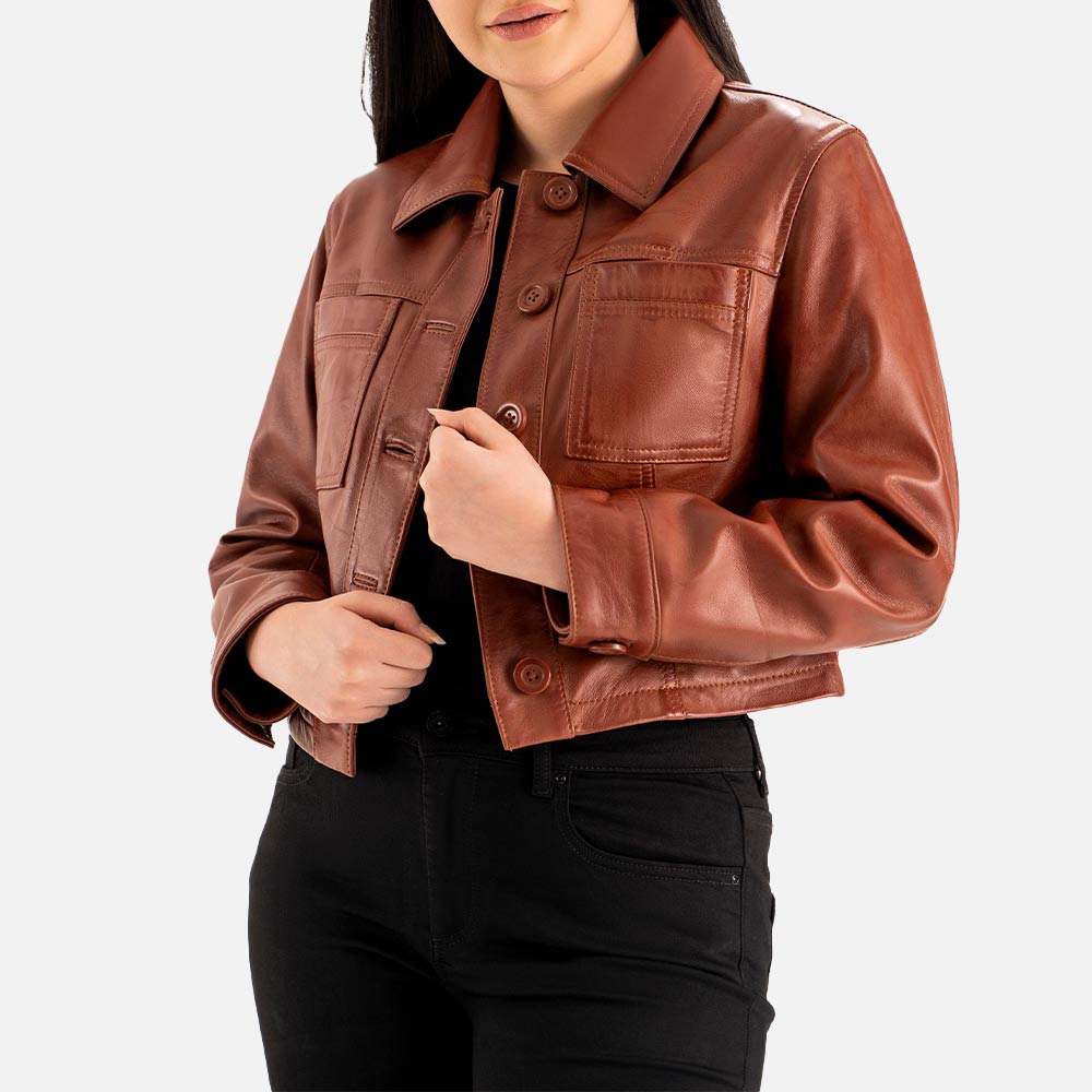Capri Brown Leather Biker Jacket leftt