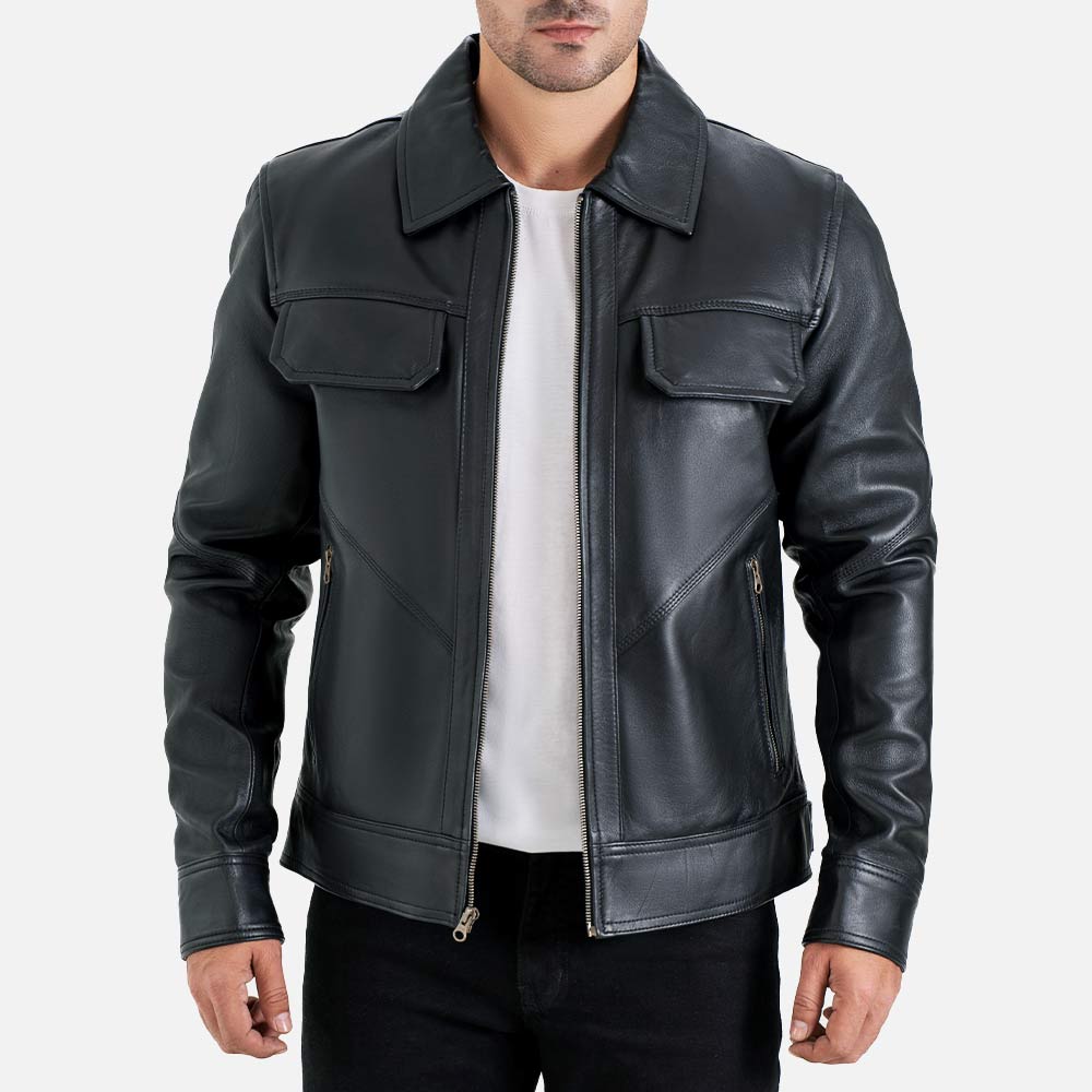 Catania Black Biker Leather Jacket front view