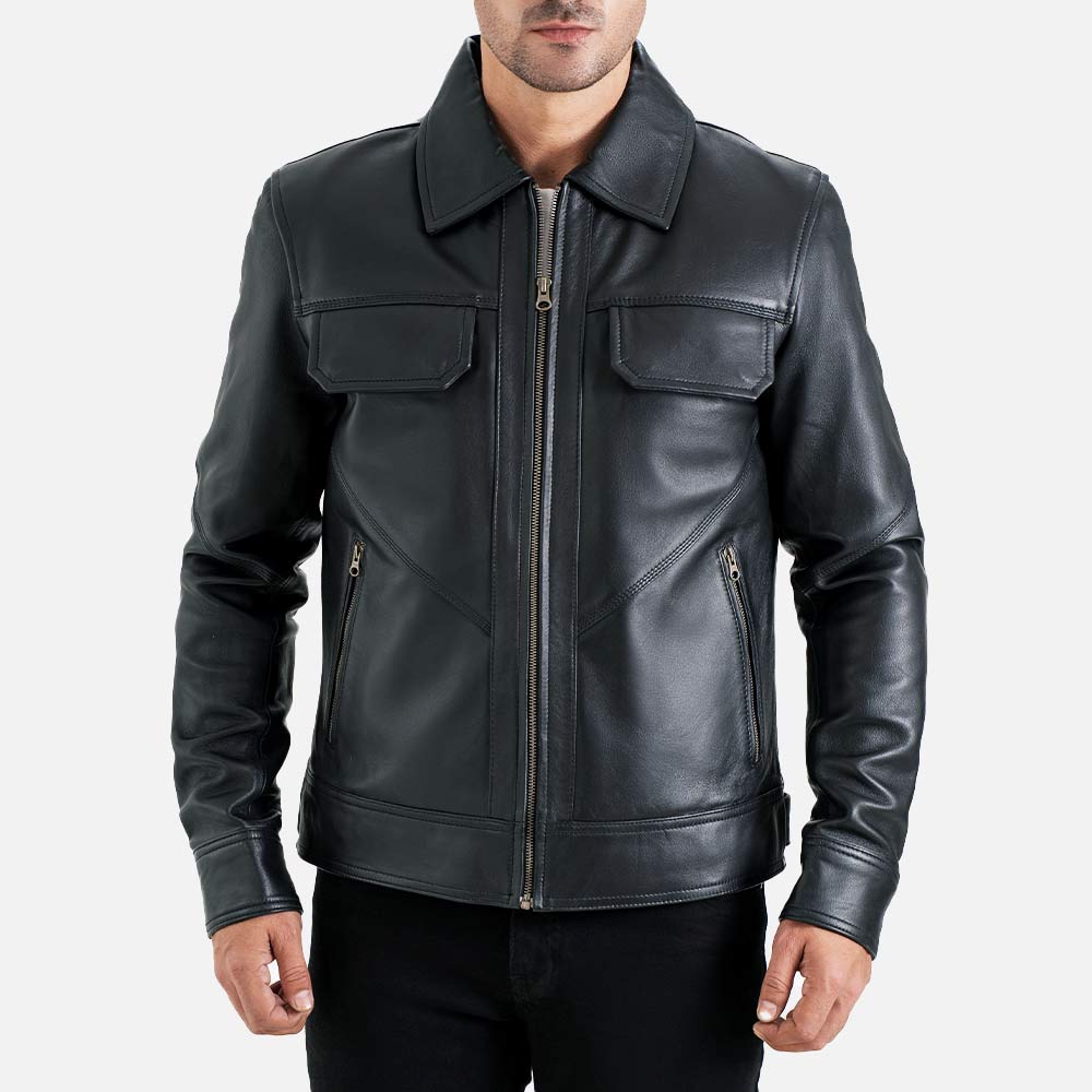 Catania Black Biker Leather Jacket frront view