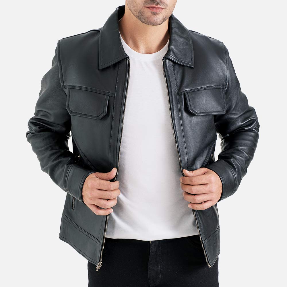 Catania Black Biker Leather Jacket  holding  jacket