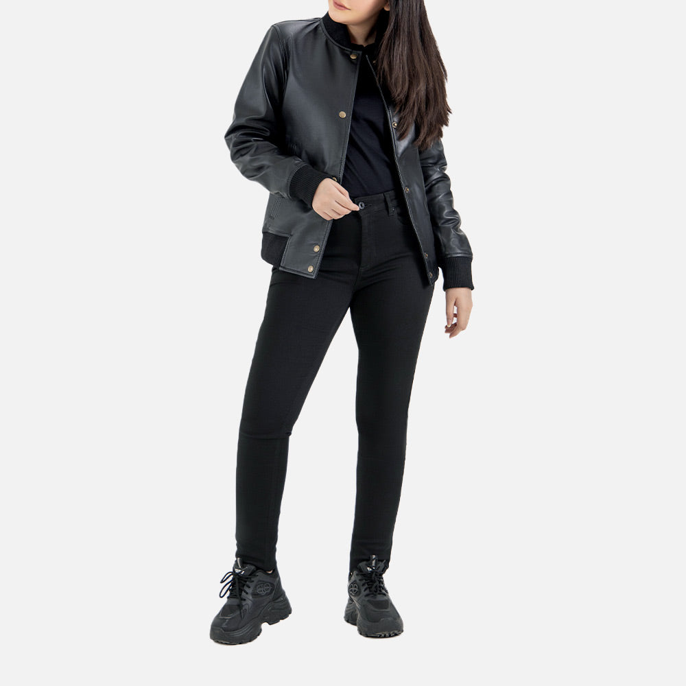 Catania Black Leather Bomber Jacket both hand