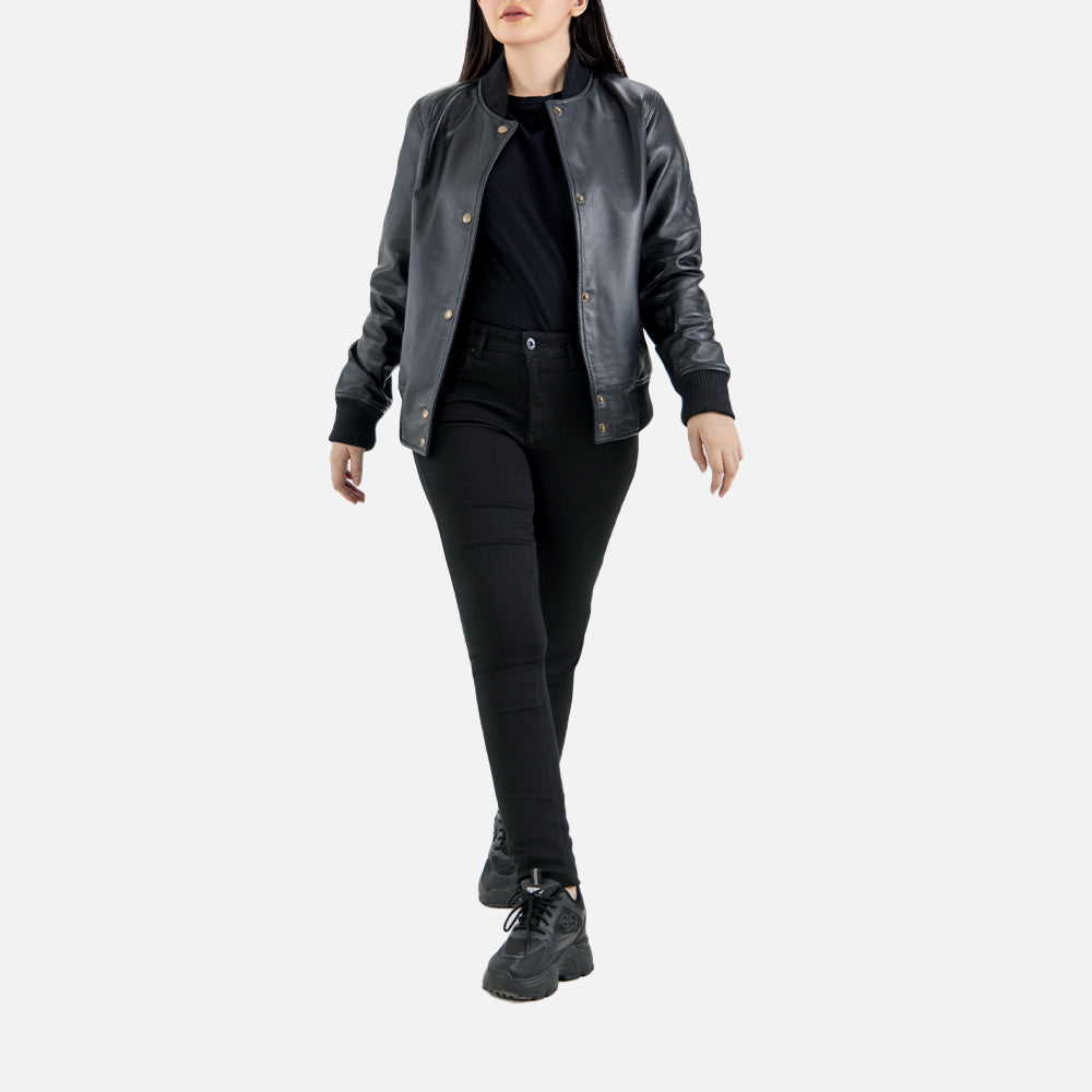 Catania Black Leather Bomber Jacket  full body