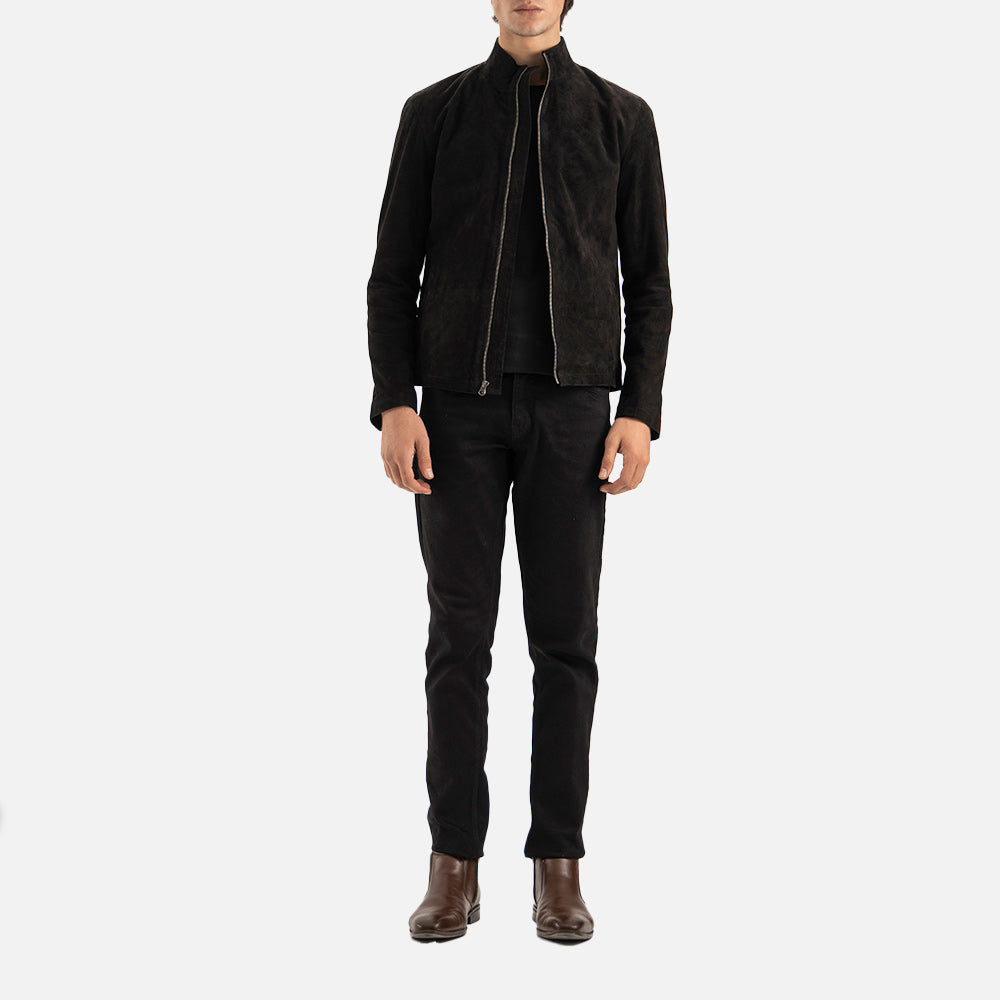 Cervino Black Suede Biker Jacket ful front view