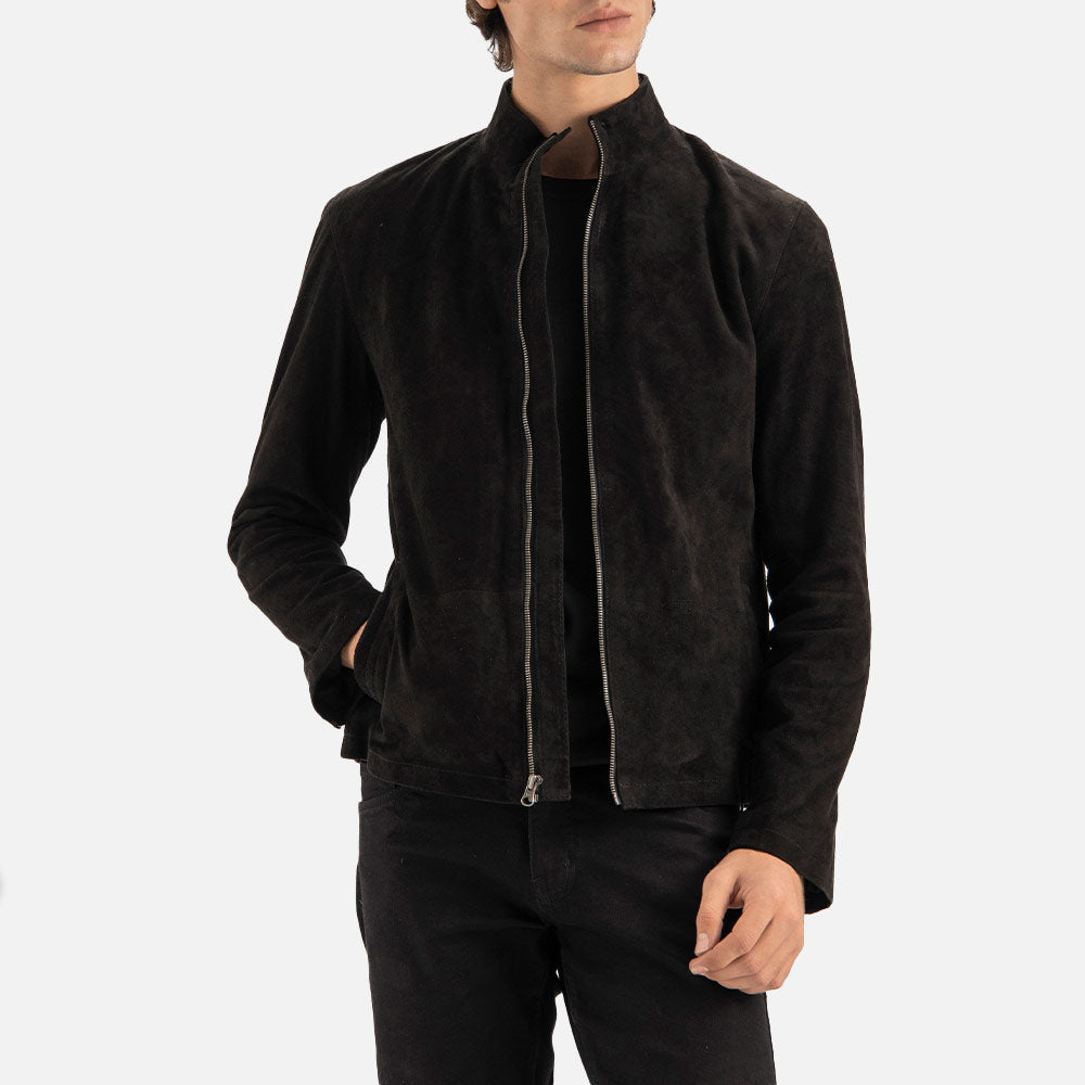 Cervino Black Suede Biker Jacket right hand in pocket