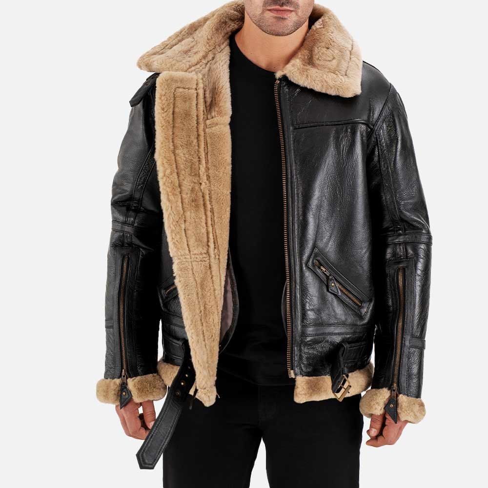 Dolomiti RAF Black Real Shearling Bomber Jacket open 