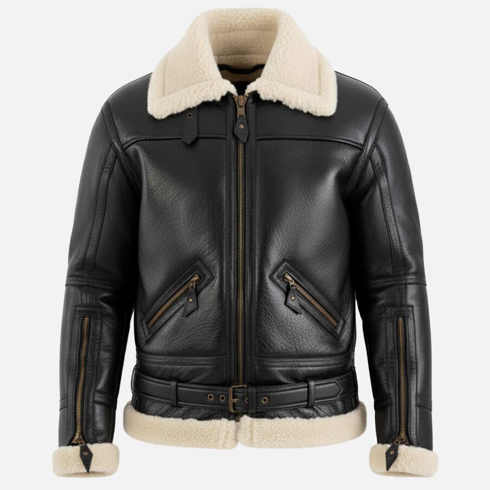 Dolomiti RAF Black & White Real Shearling Bomber Jacket front 