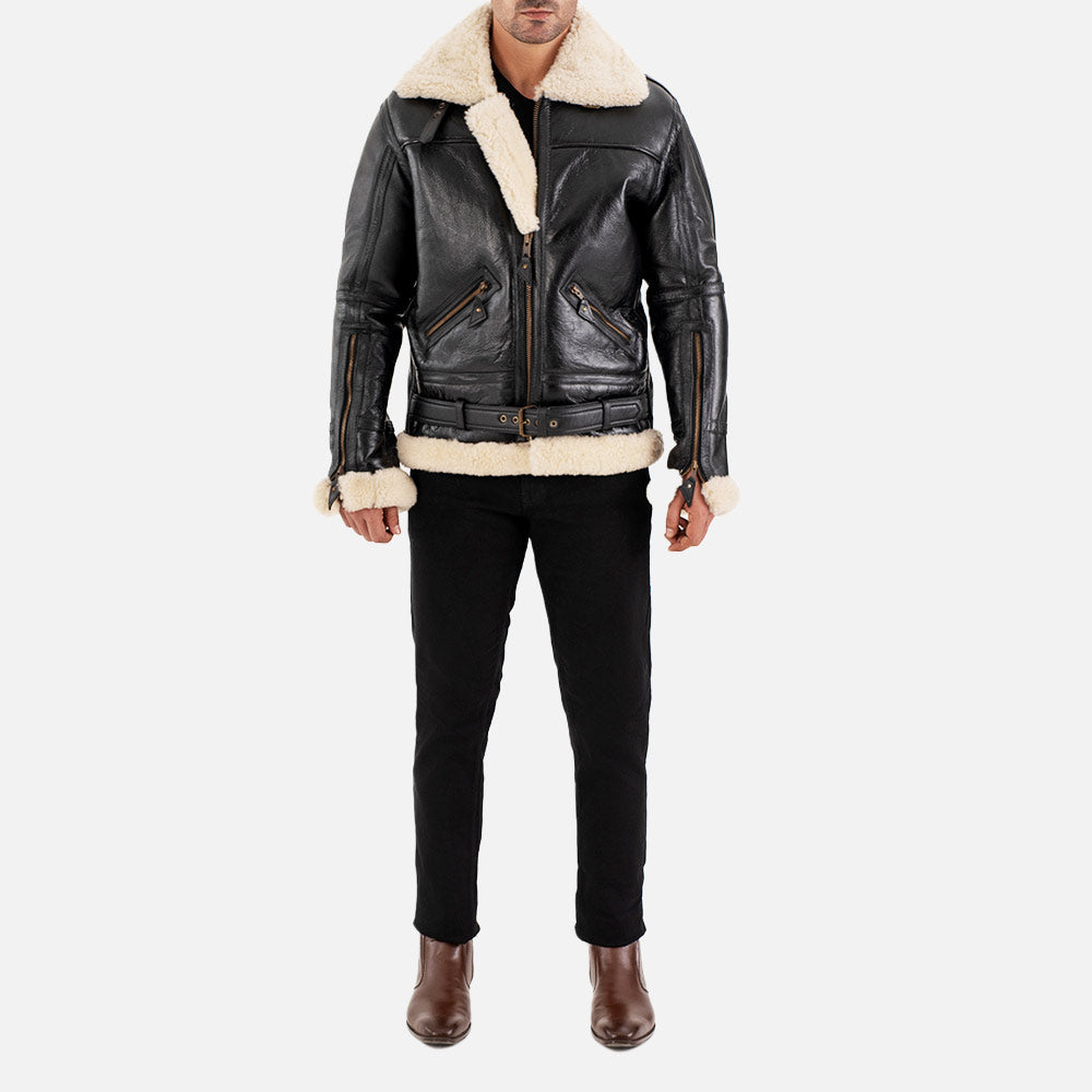 Dolomiti RAF Black & White Real Shearling Bomber Jacket full front