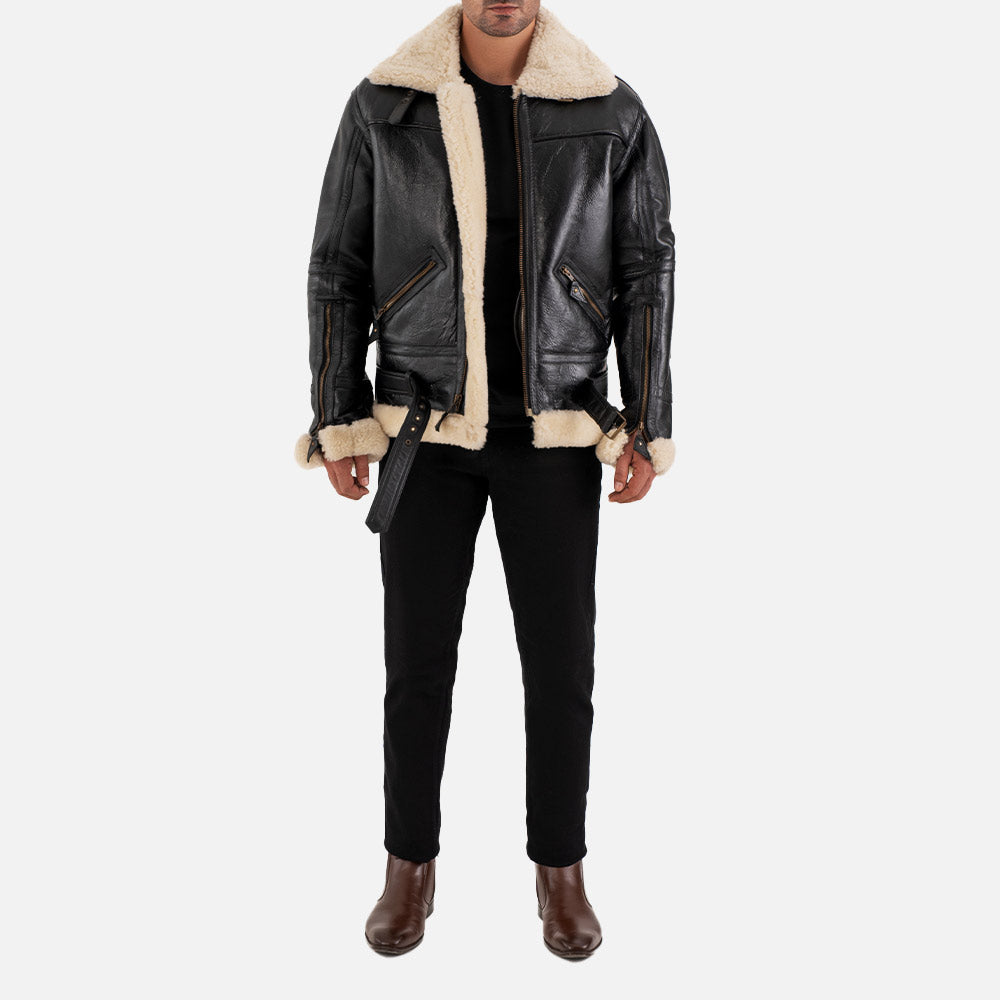 Dolomiti RAF Black & White Real Shearling Bomber Jacket full front view