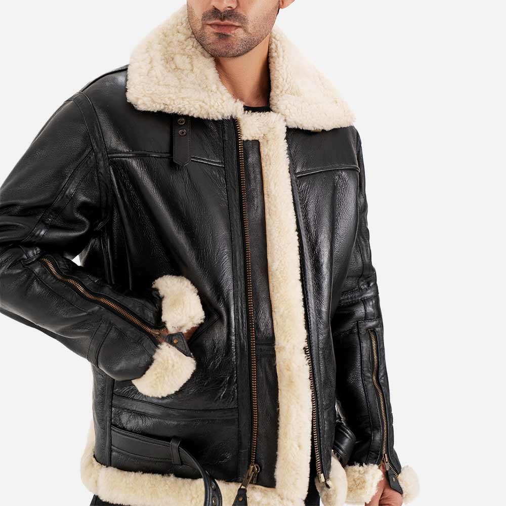 Dolomiti RAF Black & White Real Shearling Bomber Jacket right hand in pocket