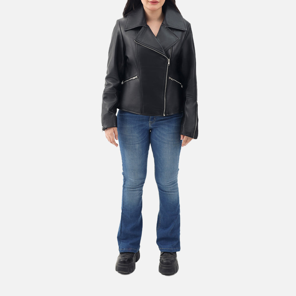 Donna Black Leather Biker Jacket full bodyy