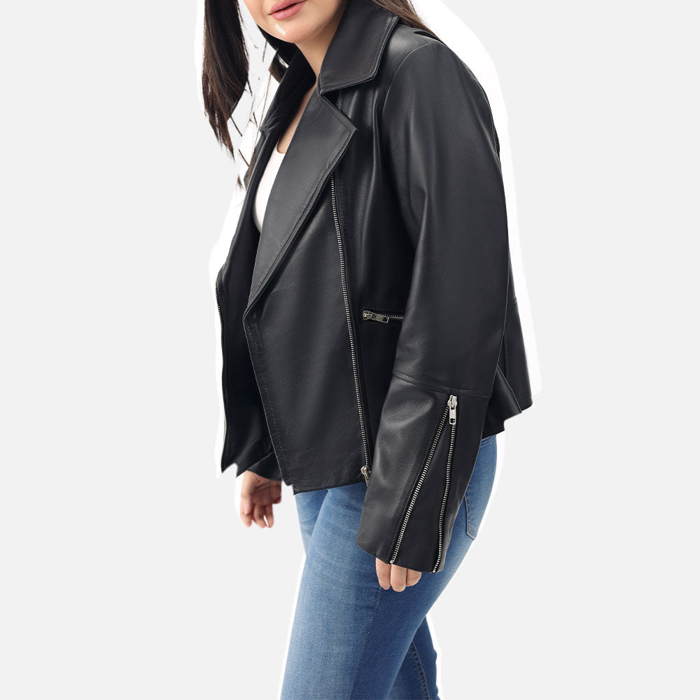 Donna Black Leather Biker Jacket half side