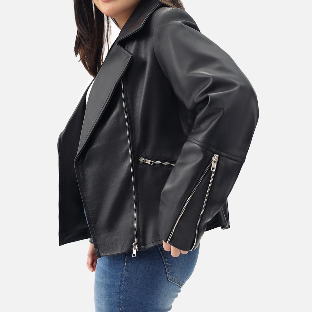 Donna Black Leather Biker Jacket leftt side
