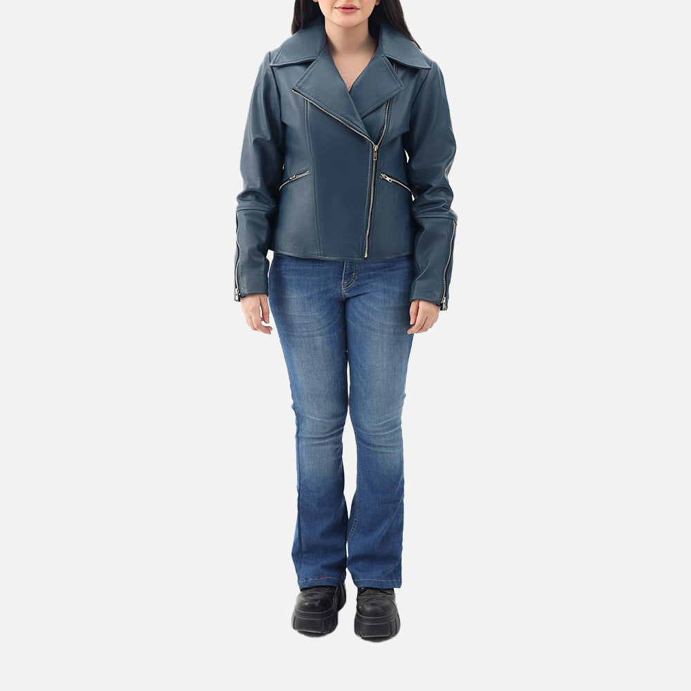 Donna Blue Leather Biker Jacket full bodyy
