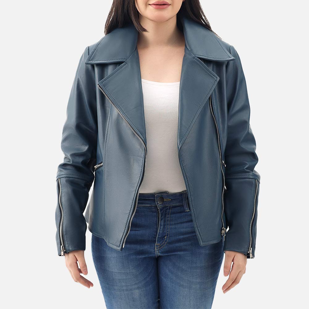 Donna Blue Leather Biker Jacket half body