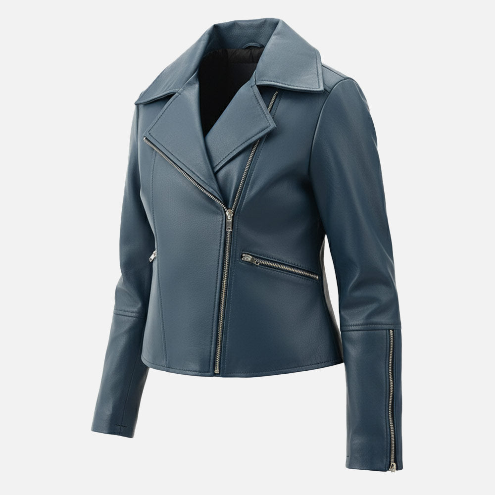Donna Blue Leather Biker Jacket left side