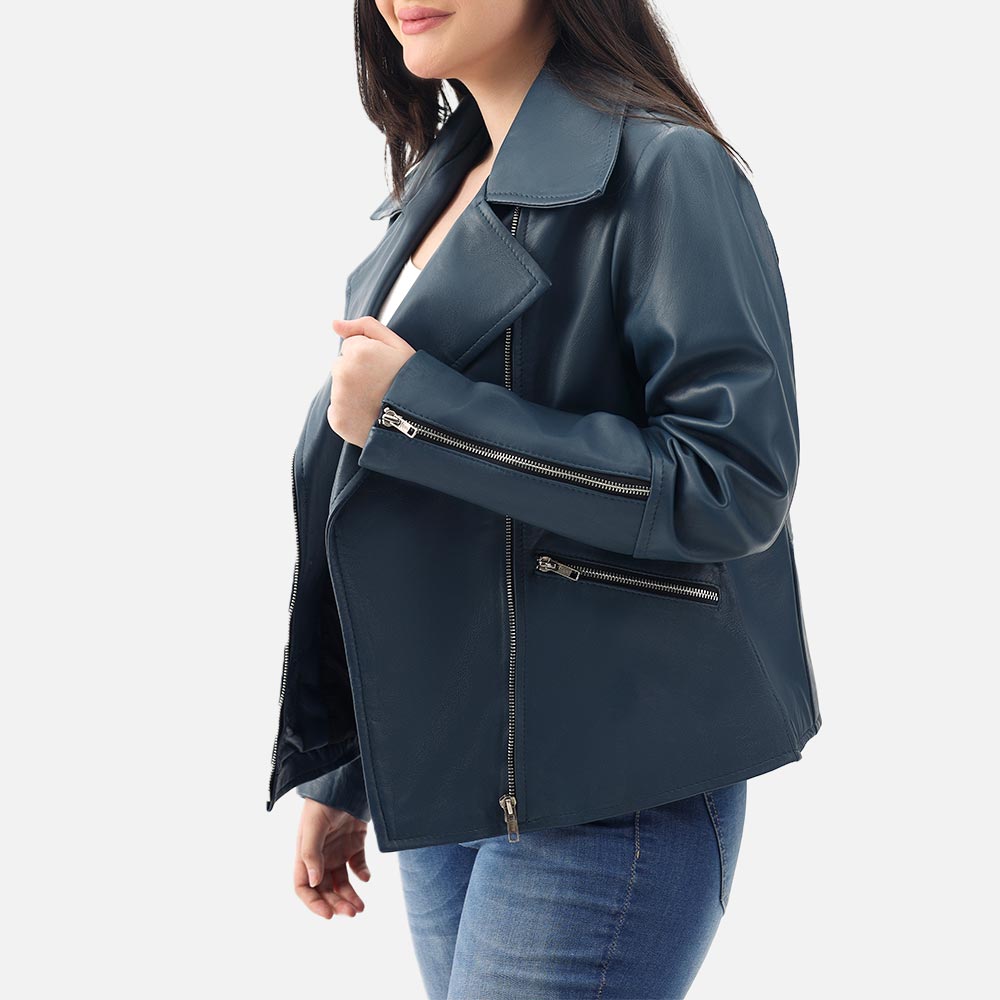 Donna Blue Leather Biker Jacket leftt hand