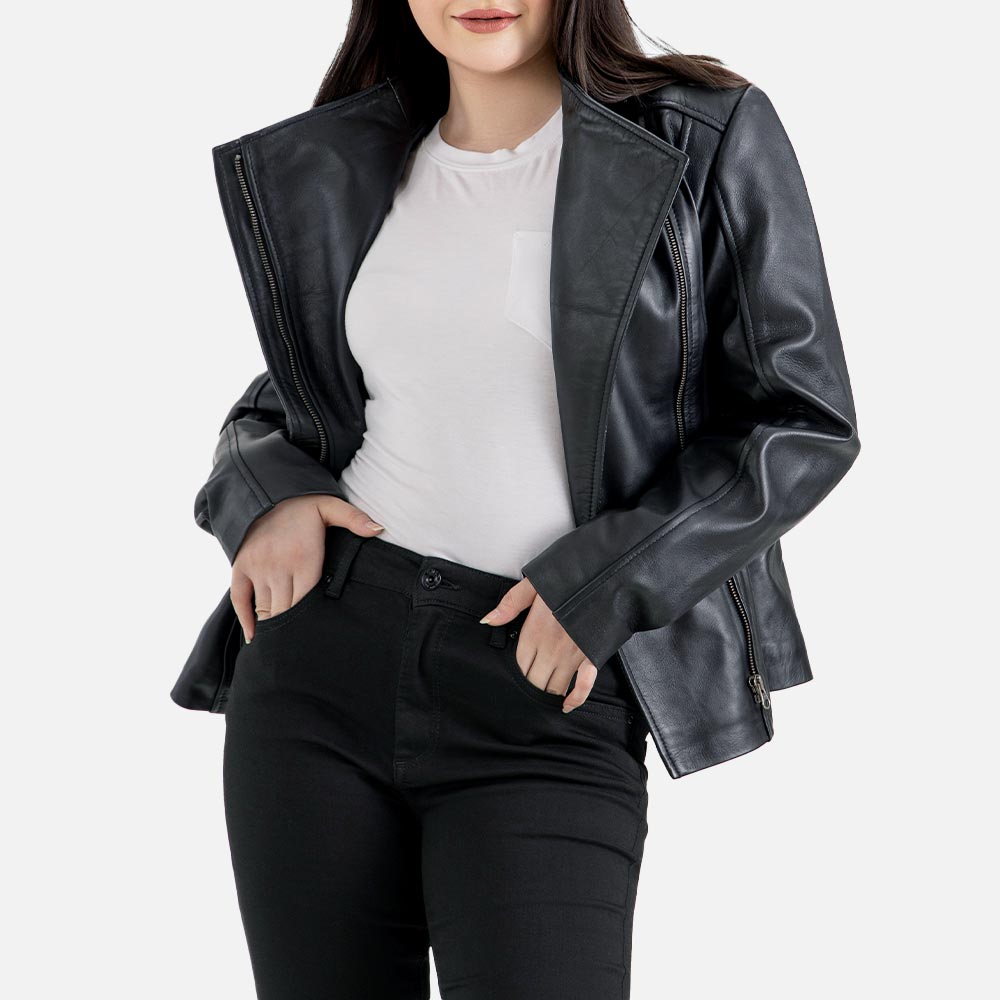 Fiamma Black Leather Biker Jacket  Front 