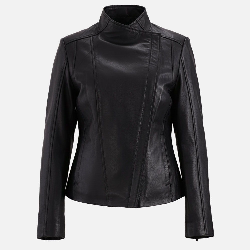 Fiamma Black Leather Biker Jacket Frontt