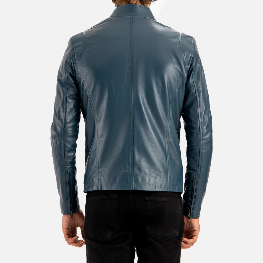 Firenze Blue Leather Biker Jacket back view