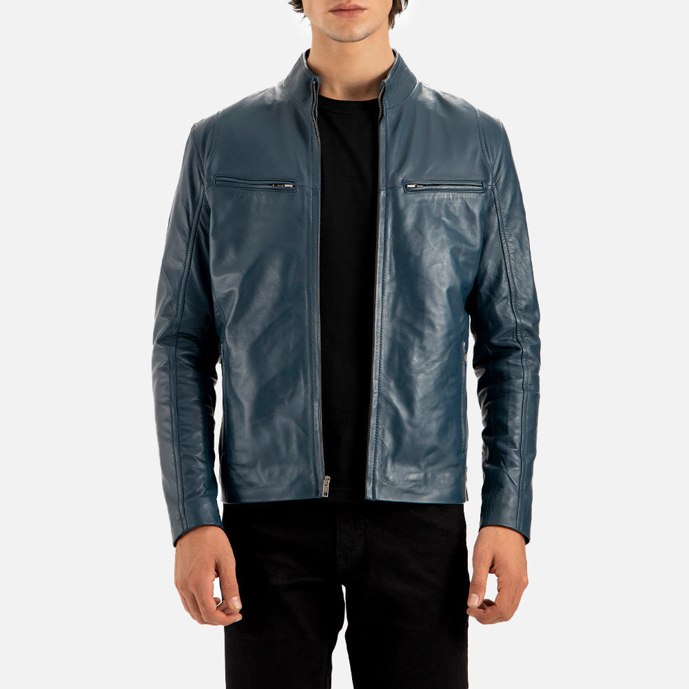 Firenze Blue Leather Biker Jacket both hand
