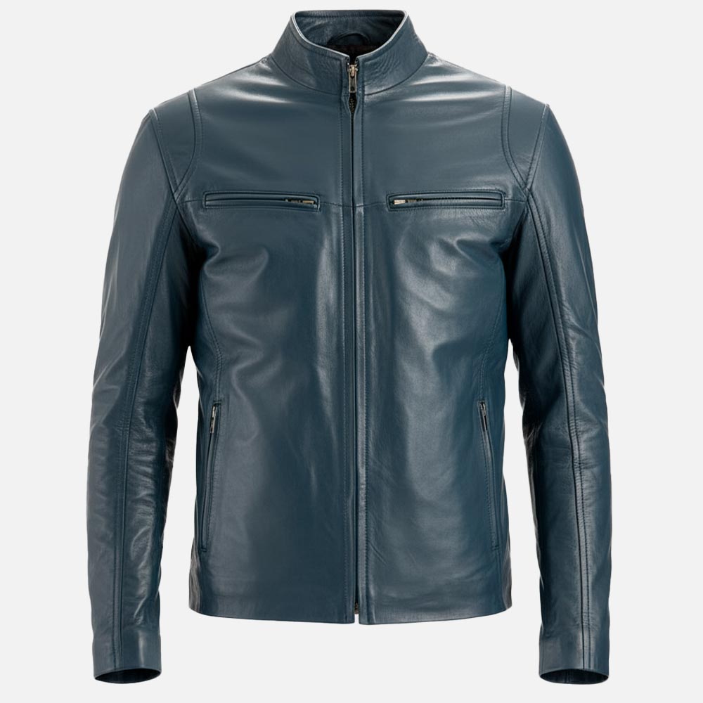 Firenze Blue Leather Biker Jacket front