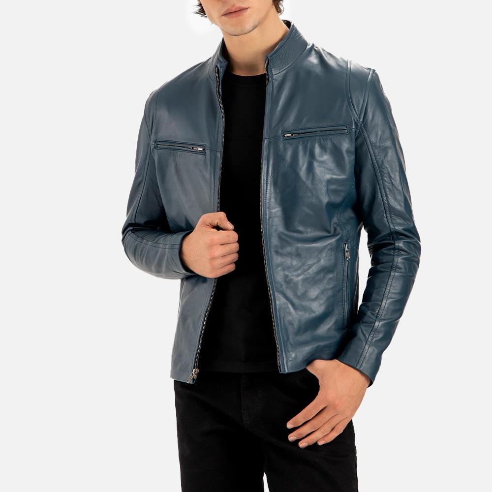 Firenze Blue Leather Biker Jacket front view