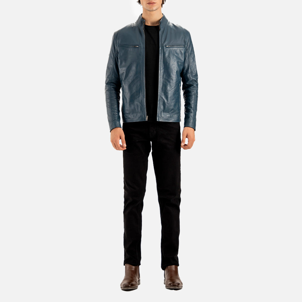 Firenze Blue Leather Biker Jacket full front look