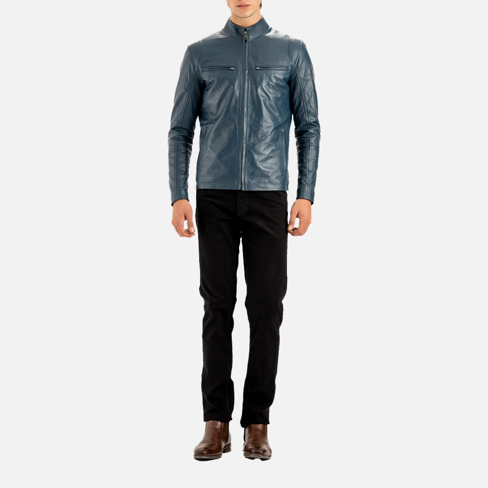 Firenze Blue Leather Biker Jacket full front view 