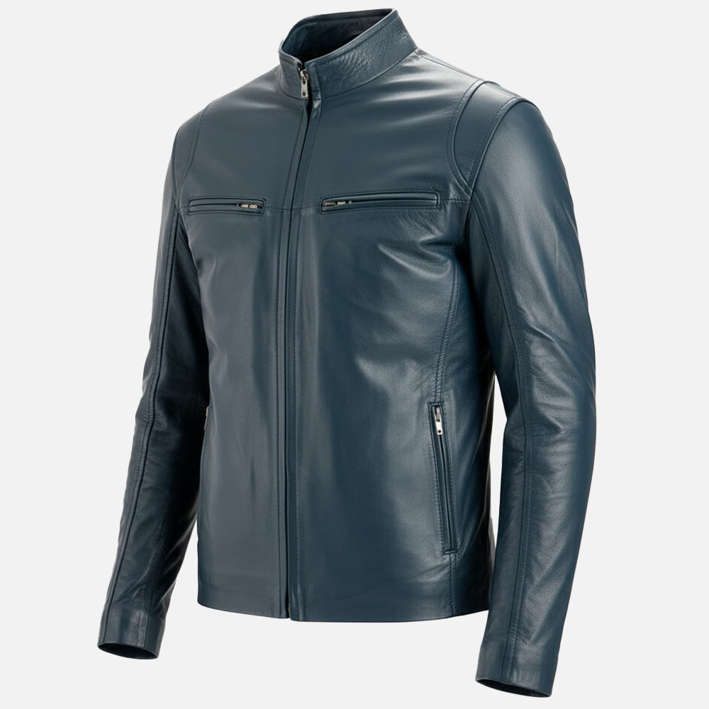 Firenze Blue Leather Biker Jacket left view