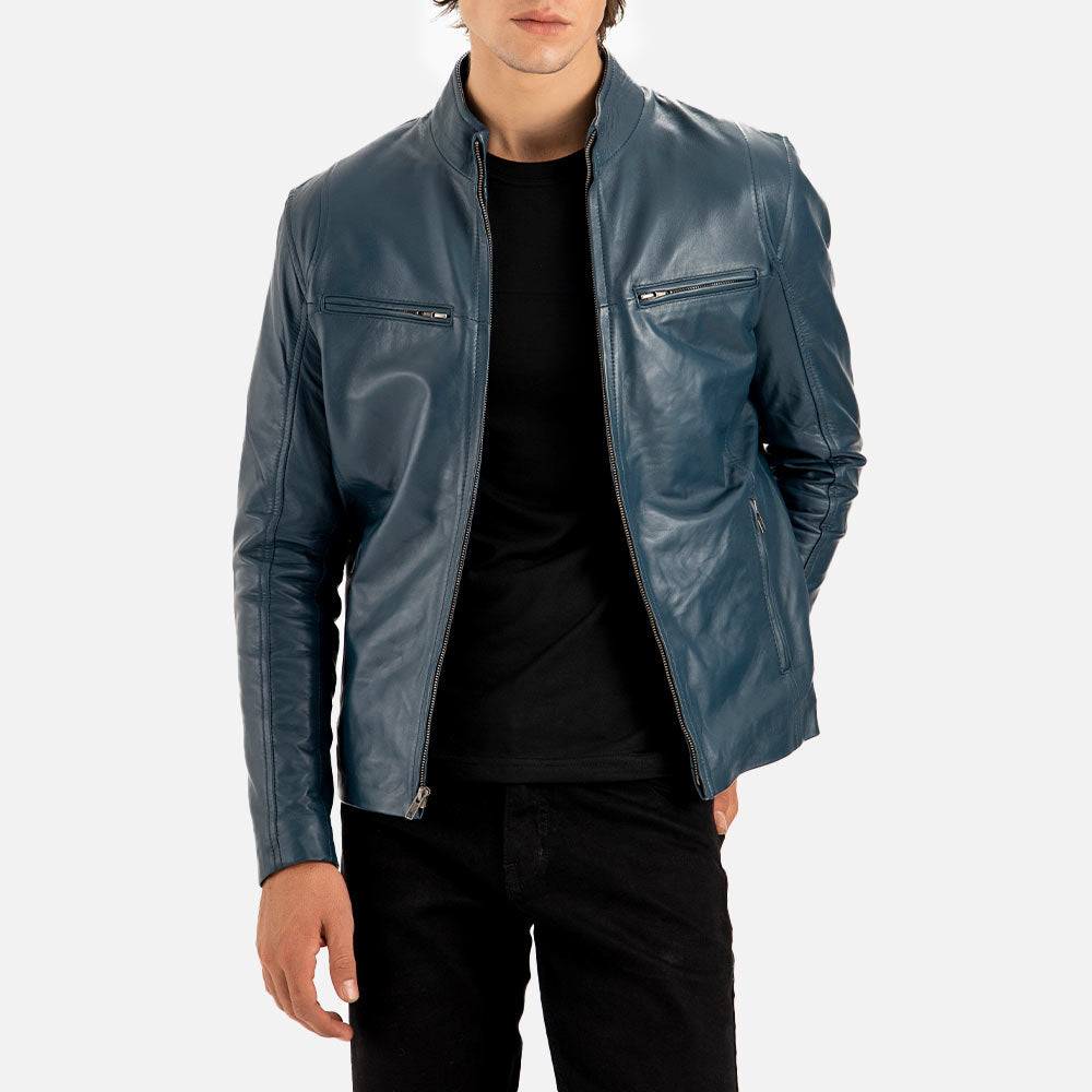 Firenze Blue Leather Biker Jacket open