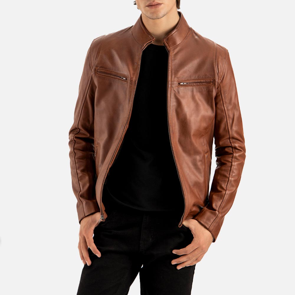 Firenze Brown Leather Biker Jacket both hand in pocket