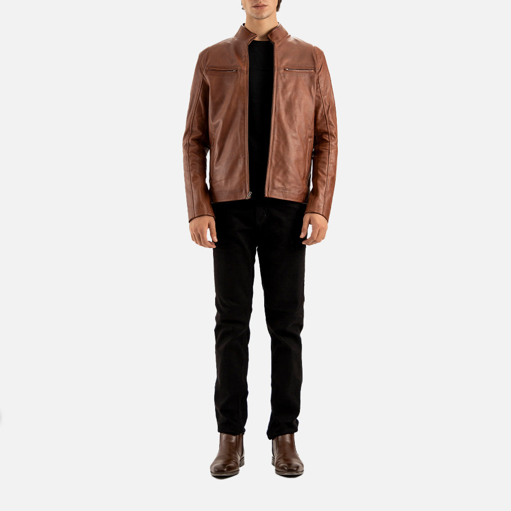 Firenze Brown Leather Biker Jacket full front  view