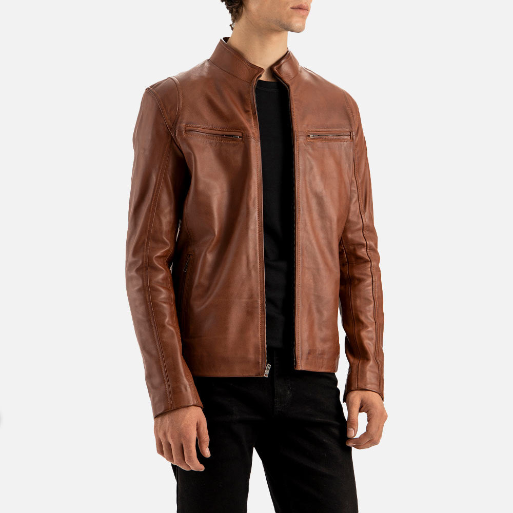 Firenze Brown Leather Biker Jacket half body