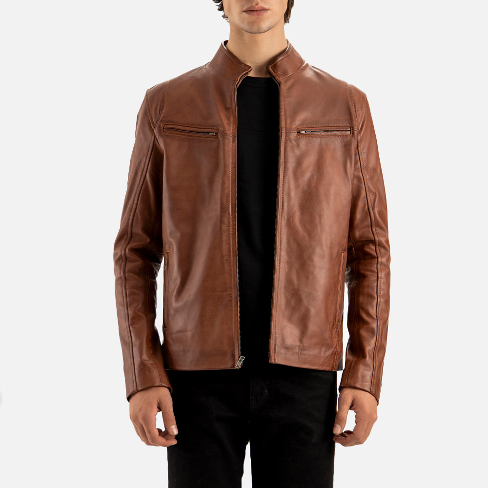 Firenze Brown Leather Biker Jacket half face 