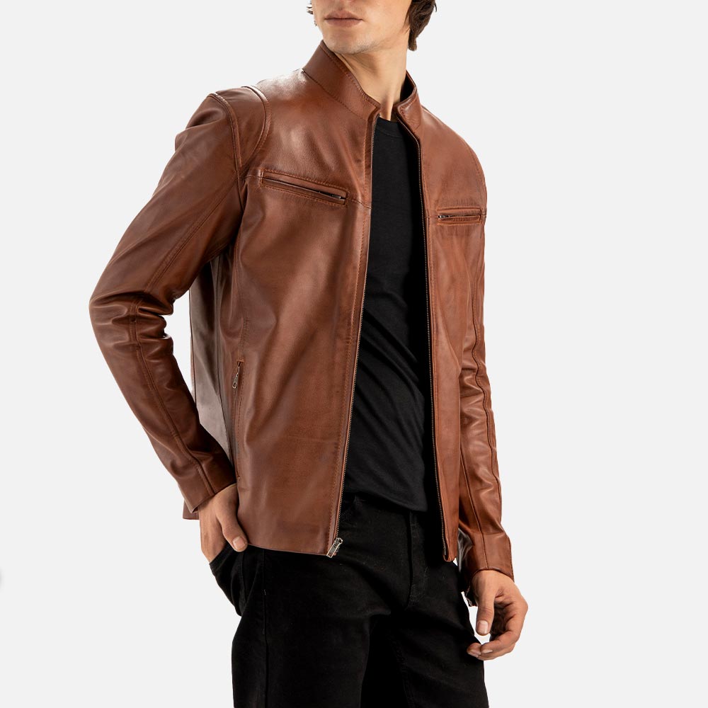 Firenze Brown Leather Biker Jacket right hand in pcket 