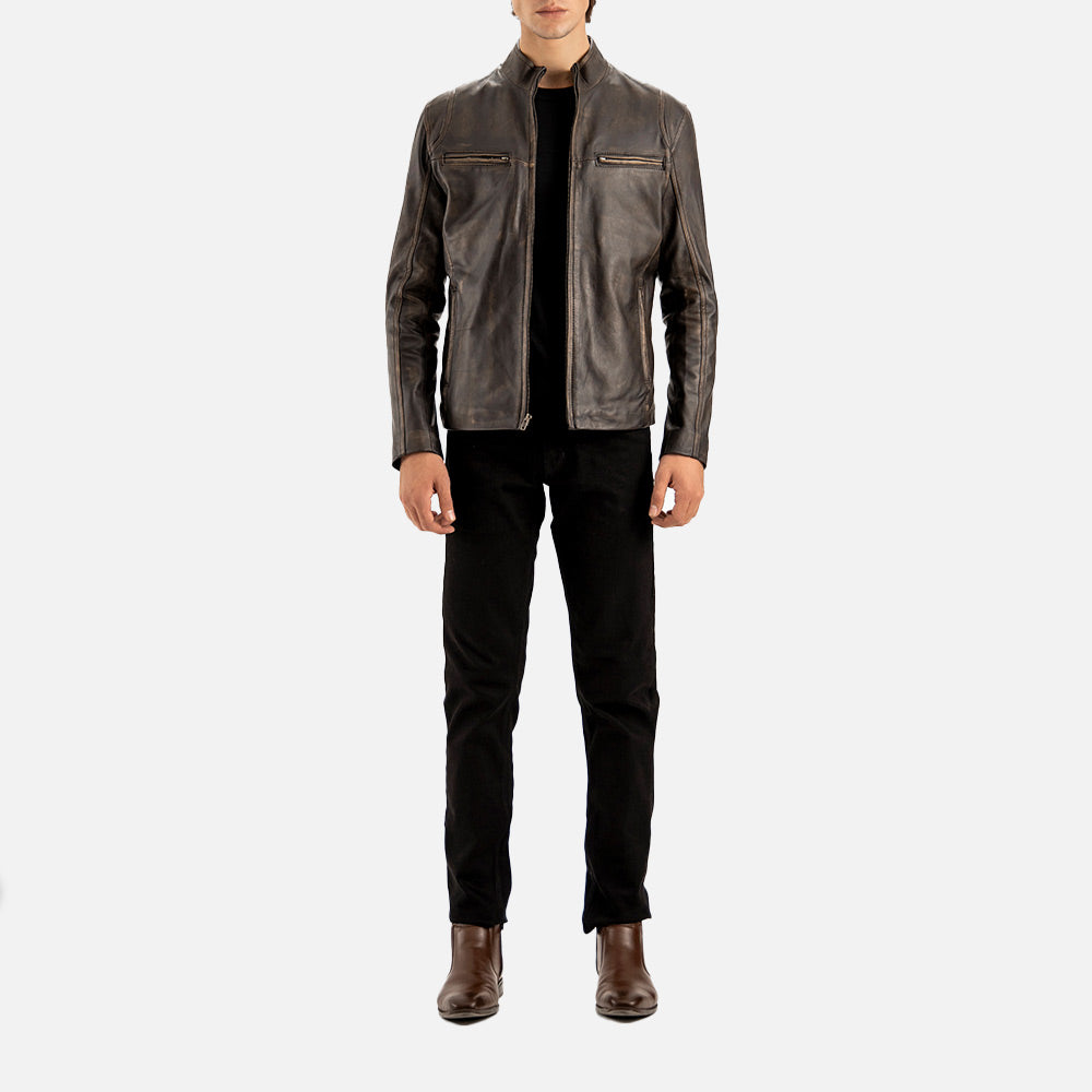 Firenze Distressed Brown Leather Biker Jacket fulll front view