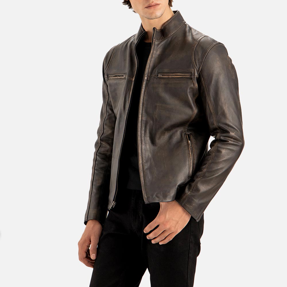 Firenze Distressed Brown Leather Biker Jacket half hand in pocket
