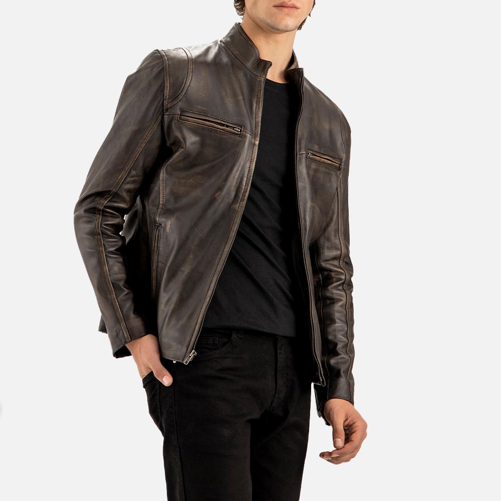 Firenze Distressed Brown Leather Biker Jacket right hand in back pocket