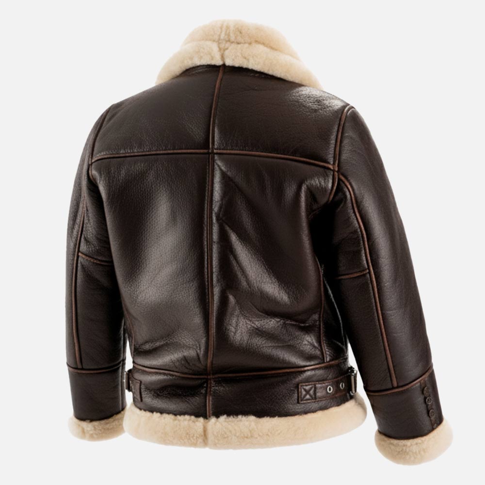 Freda B3 Distressed Brown Real Shearling Bomber Jacket Back Dummy 