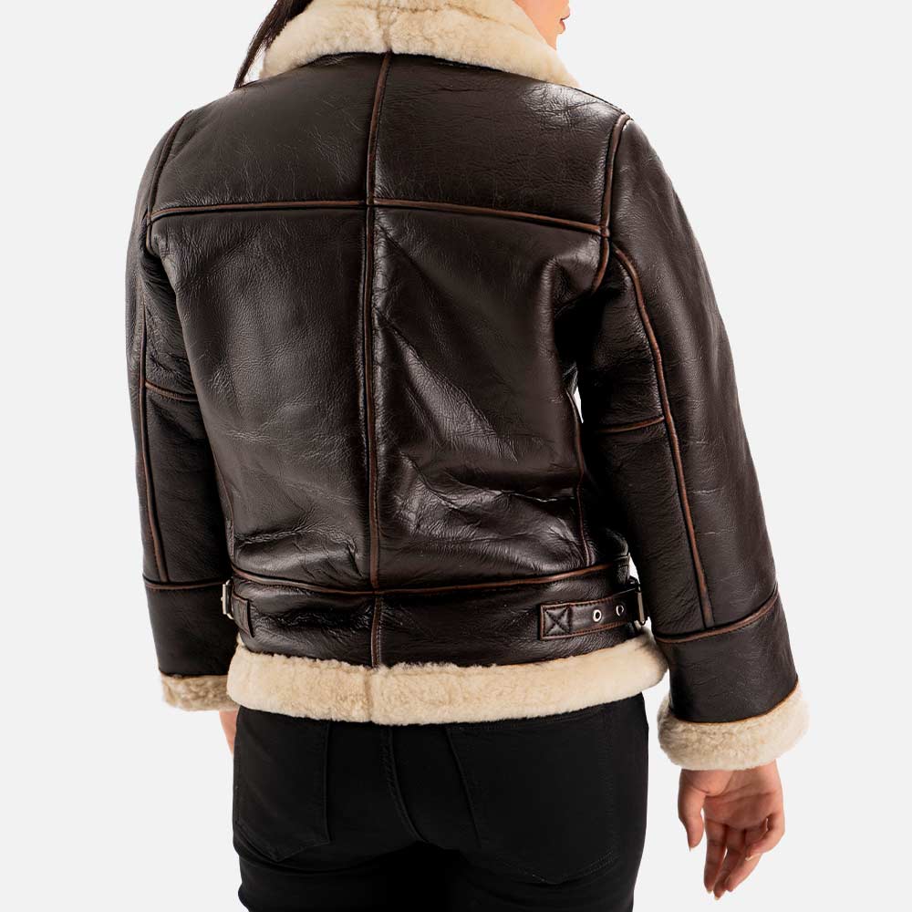 Freda B3 Distressed Brown Real Shearling Bomber Jacket Back side 