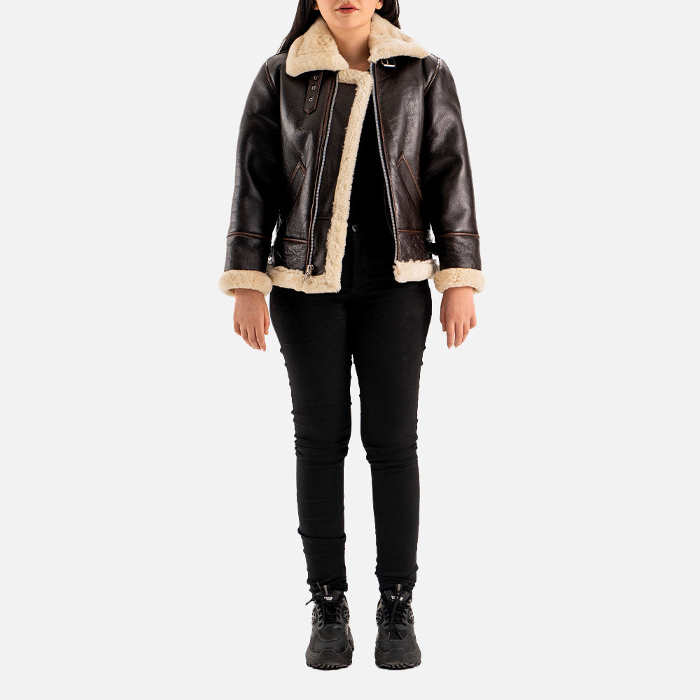 Freda B3 Distressed Brown Real Shearling Bomber Jacket Full  Body