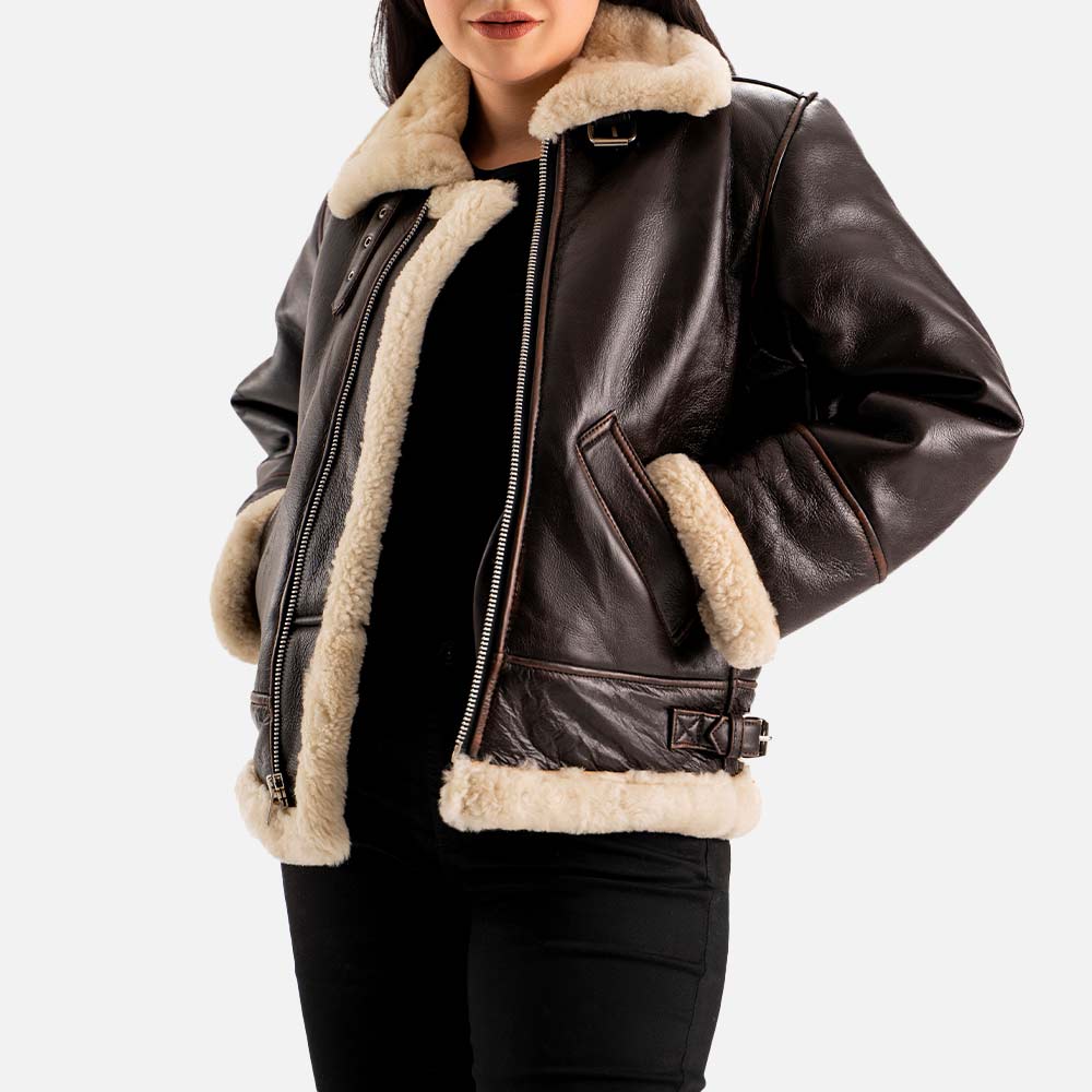 Freda B3 Distressed Brown Real Shearling Bomber Jacket  Openn