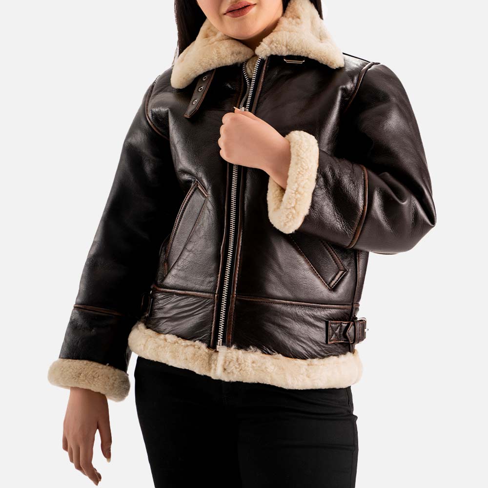 Freda B3 Distressed Brown Real Shearling Bomber Jacket frontt
