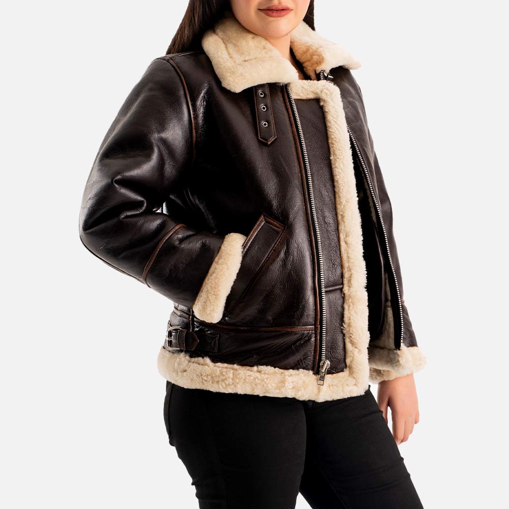 Freda B3 Distressed Brown Real Shearling Bomber Jacket left